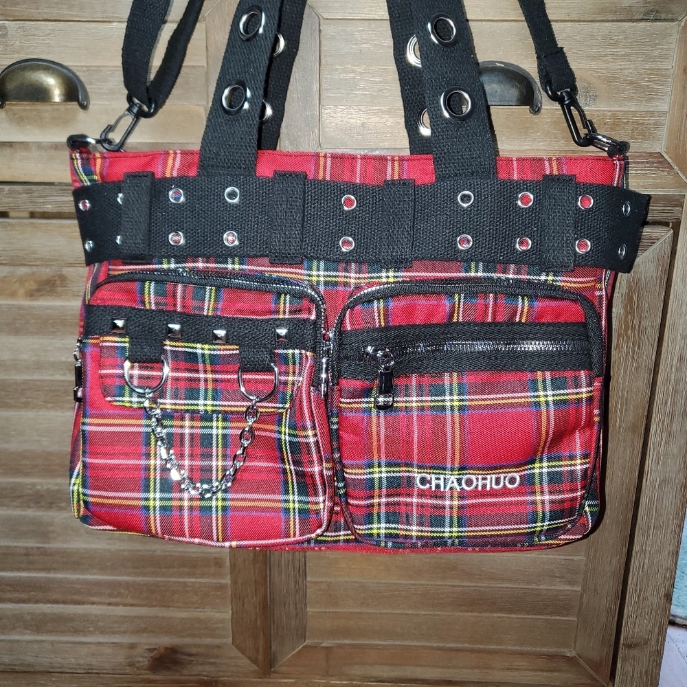 Red Plaid And Grommets Tote Bag